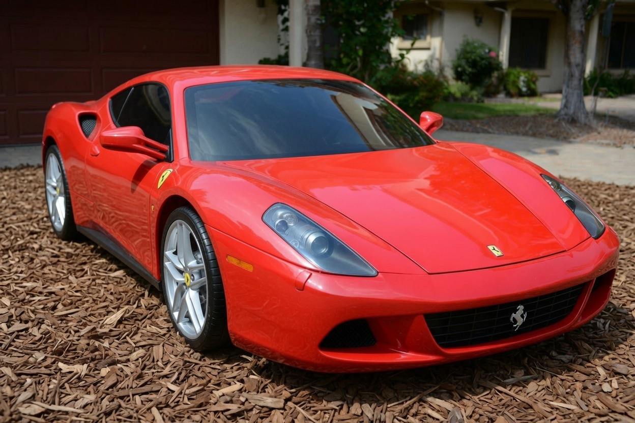 A blurred low red shape that reads as a parked Ferrari