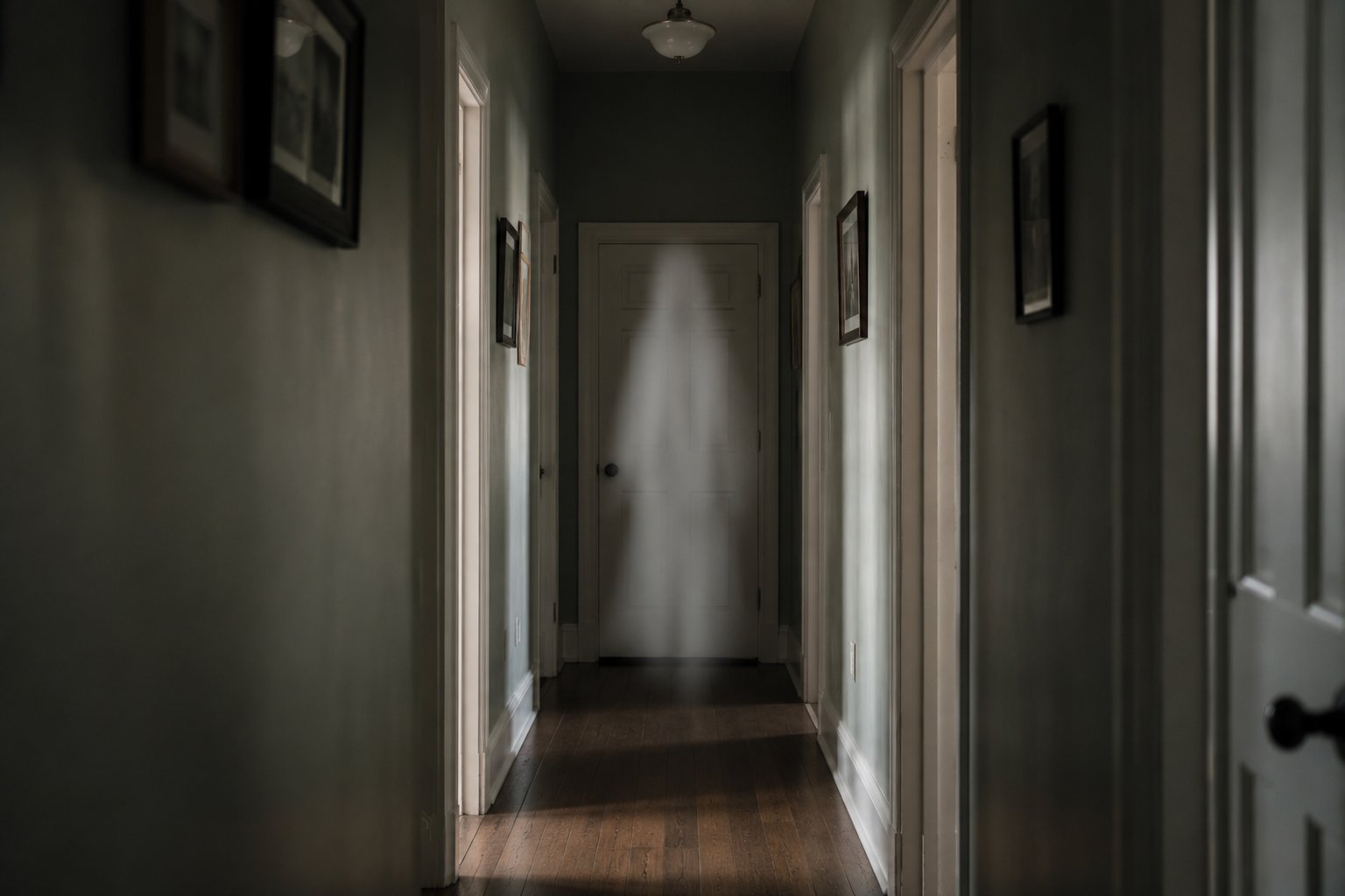 A pale blurred figure at the end of a dark hallway