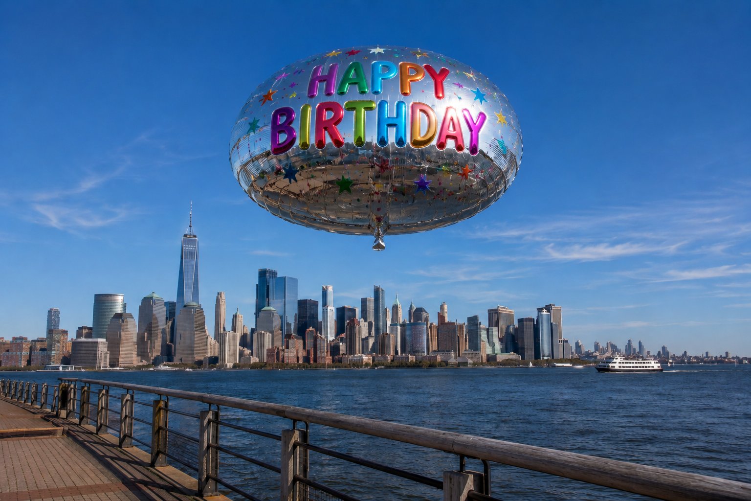 A shiny foil birthday balloon drifting over the river