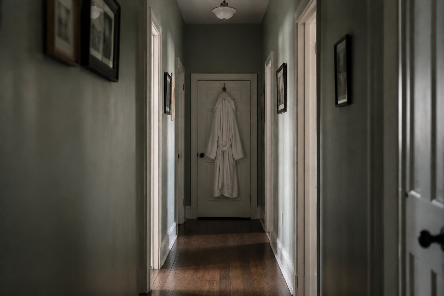 A white bathrobe hanging on a hallway door